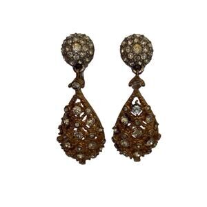 Marcel Boucher Gold filigree Rhinestone Dangle Earrings 9095L Signed Numbered
